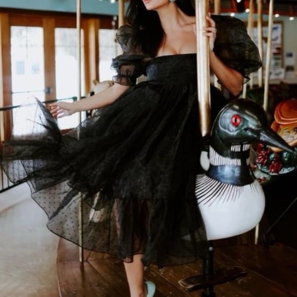 Selkie Caviar French Puff Dress Midi Black Polka Dot Organza XL NWT - Picture 12 of 14